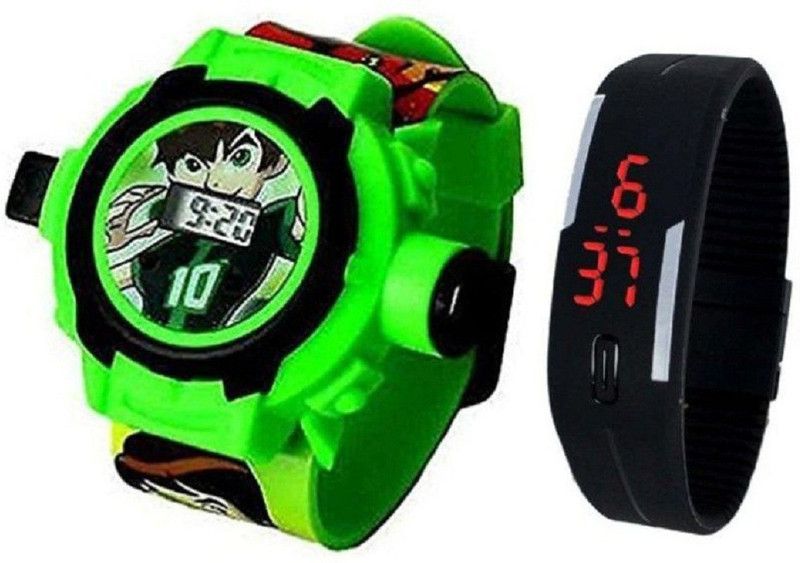 QUALITY ASSURED - Kids Special Favourite Toys - Pack of 2 - Benton ( BEN 10 ) Projector Band Watch + Jelly Slim Black Digital Led Band Watch for Kids, Children Digital Watch - For Boys & Girls Benten With Black Led-17486