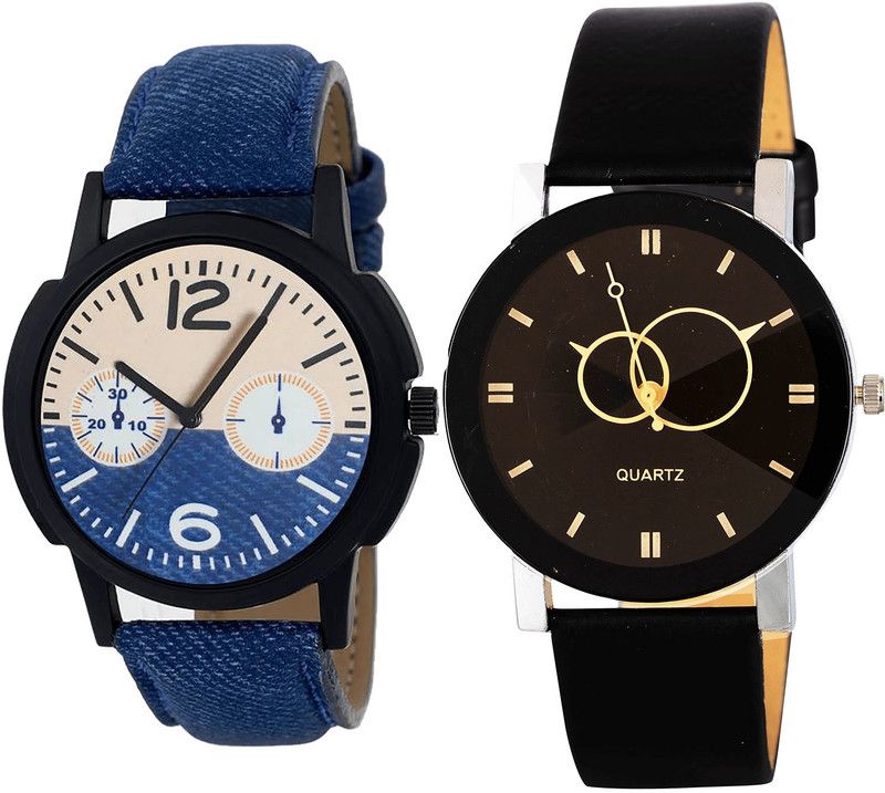 combo watch Analog Watch - For Girls Modish Fashion Geometric Design Analogue Blue And Black Color Boys And Men Watch - B10-B135 (Combo Of 2 )