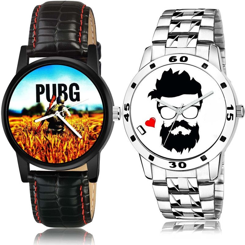 combo watch Analog Watch - For Boys Modish Fashion Pubg Military Army And Beard Style Chain Watch Black And Silver Color Boys And Men Watch - B476-B823 (Combo Of 2)