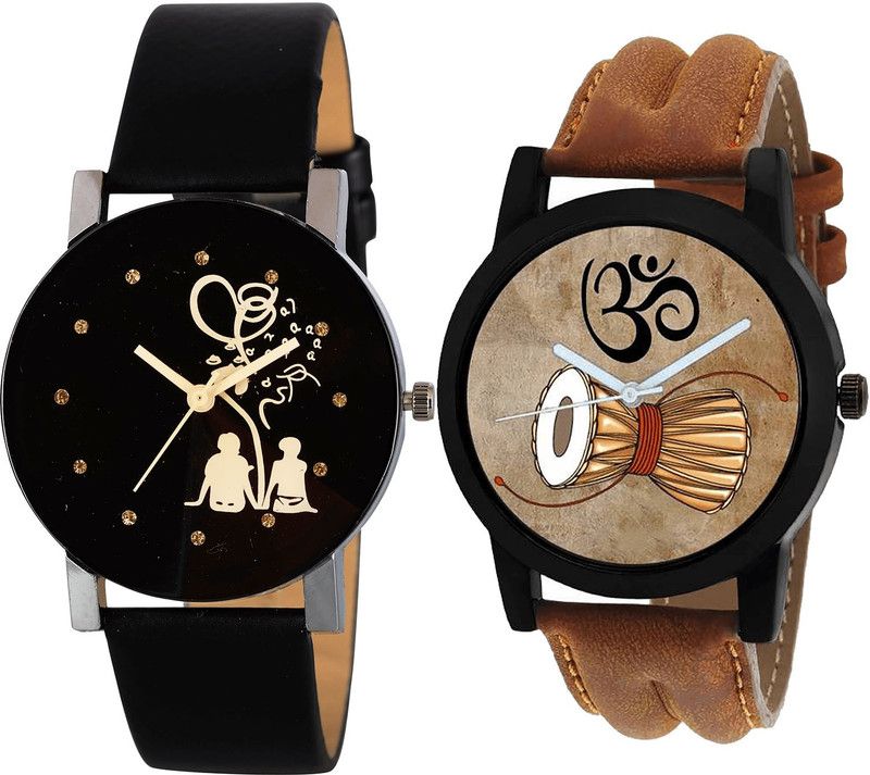 combo watch Analog Watch - For Girls Modish Unique Couple Love And Damru Analogue Black And Brown Color Boys And Men Watch - B138-B25 (Combo Of 2 )
