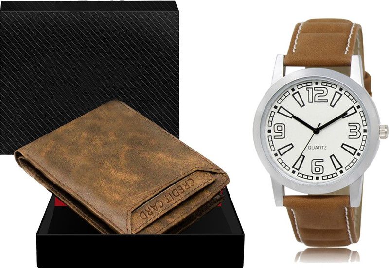 Combo Of Brown Color Artificial Leather Wallet & Analog Watch - For Men WL04-LR15