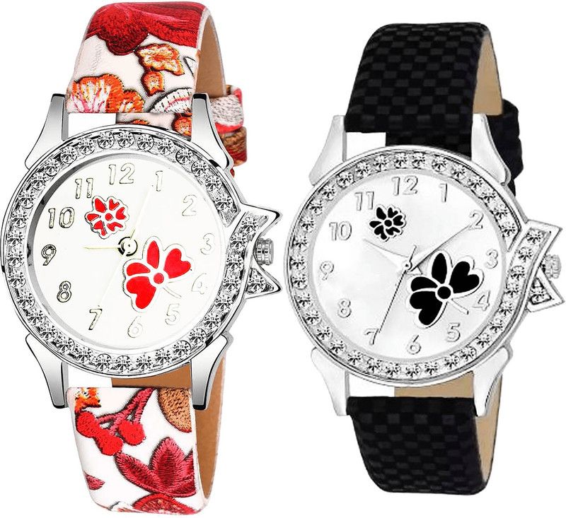 combo watch Analog Watch - For Girls Classical Chronograph Flower Dimond And Flower Analogue Red And Black Color Girls And Women Watch - G409-G126 (Combo of 2 )