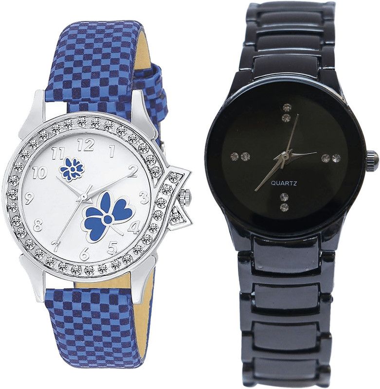 combo watch Analog Watch - For Girls Modish Unique Flower Analogue Blue And Black Color Girls And Women Watch - G127-G206 (Combo Of 2 )