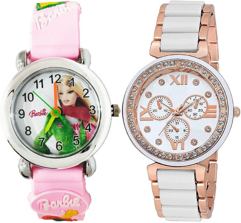 combo watch Analog Watch - For Girls Contemporary Stylish Barbie Doll Analogue Pink And White Color Girls And Women Watch - G324-G210 (Combo of 2 )