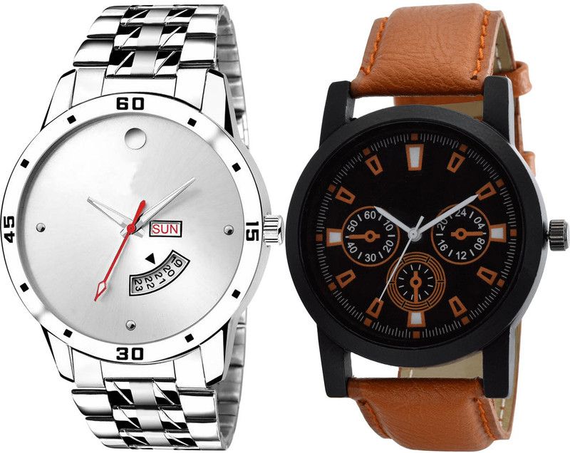 combo watch Analog Watch - For Girls Contemporary Fancy Day And Date Analogue Silver And Brown Color Boys And Men Watch - BL46.103-B31 (Combo Of 2 )