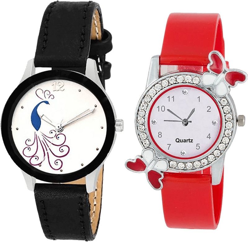 combo watch Analog Watch - For Girls Treading Quartz Peacock And Butterfly Analogue Black And Red Color Girls And Women Watch - G271-G101 (Combo of 2 )