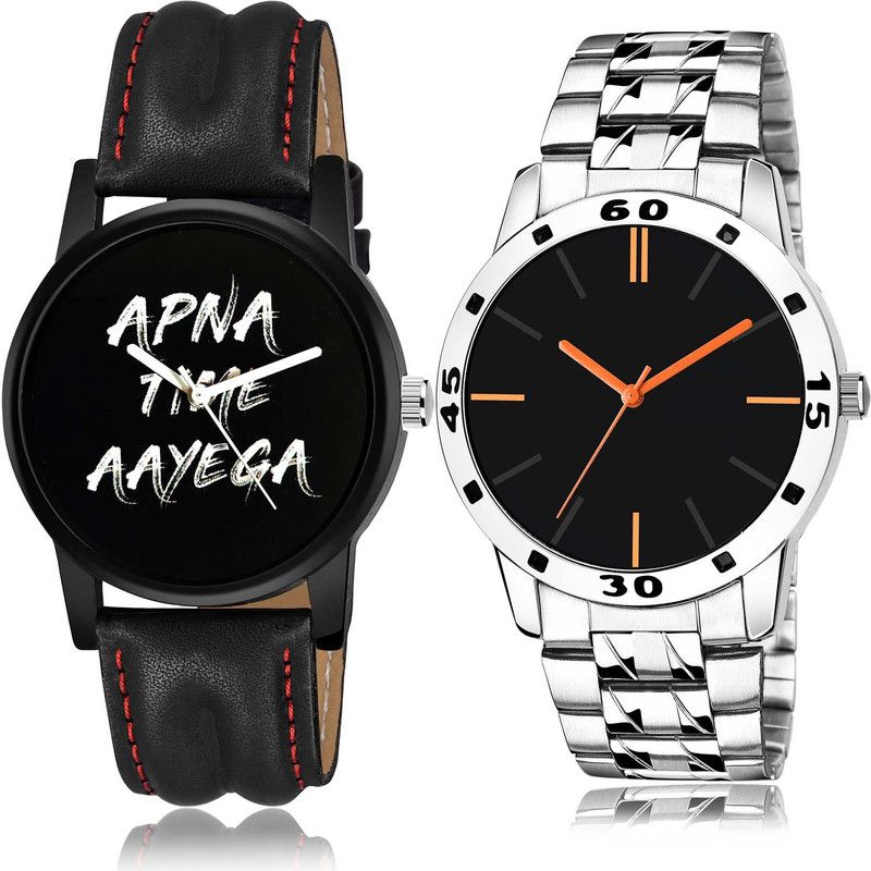 combo watch Analog Watch - For Boys Classical Collection Apna Time Aayega And Chain Watch Black And Silver Color Boys And Men Watch - B403-B977 (Combo Of 2)