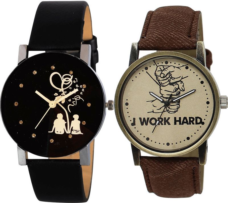 combo watch Analog Watch - For Girls Latest Unique Couple Love And I Work Hard Analogue Black And Brown Color Boys And Men Watch - B138-BL46.29 (Combo Of 2 )