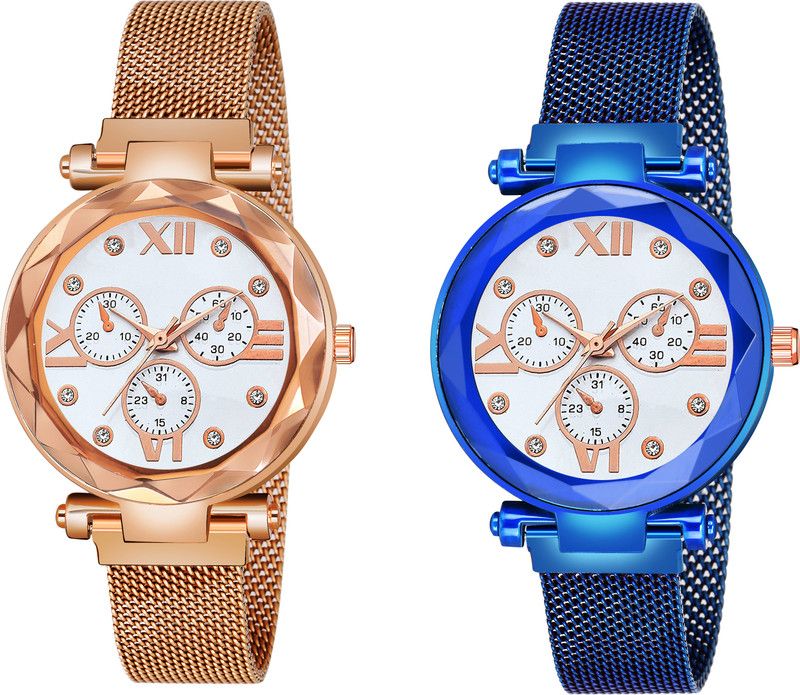 Analog Watch - For Women Analogue Unique Designer Mina White Design White Dial Rose Gold Blue Magnet Strap