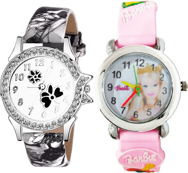 combo watch Analog Watch - For Girls Latest Fancy Flower Dimond And Barbie Doll Analogue Black And Pink Color Girls And Women Watch - G408-G322 (Combo of 2 )