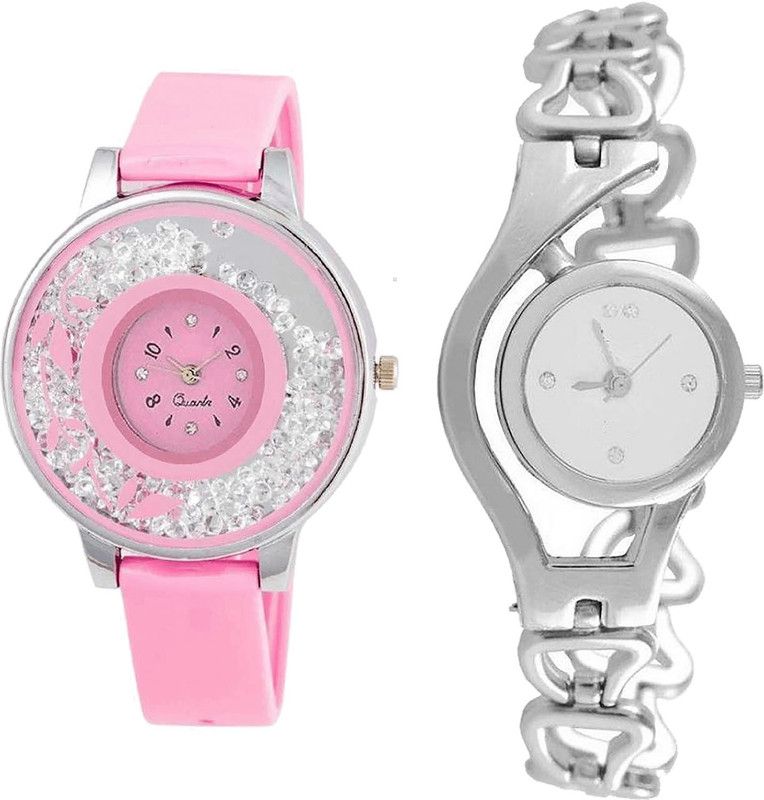combo watch Analog Watch - For Girls Contemporary Tread Flower And Chain Analogue Pink And Silver Color Girls And Women Watch - G88-G70 (Combo Of 2 )