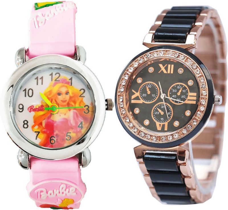 combo watch Analog Watch - For Girls Classical Gift Barbie Doll Analogue Pink And Black Color Girls And Women Watch - G320-G209 (Combo of 2 )