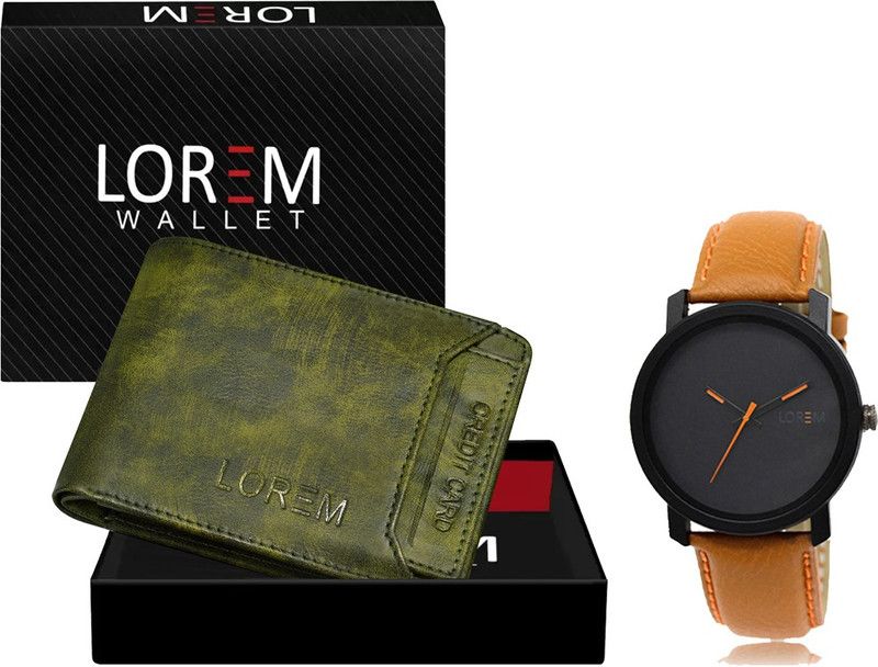 Combo Of Orange Men Watch & Green Artificial Leather Wallet Analog Watch - For Men FZ-WL27-LR20