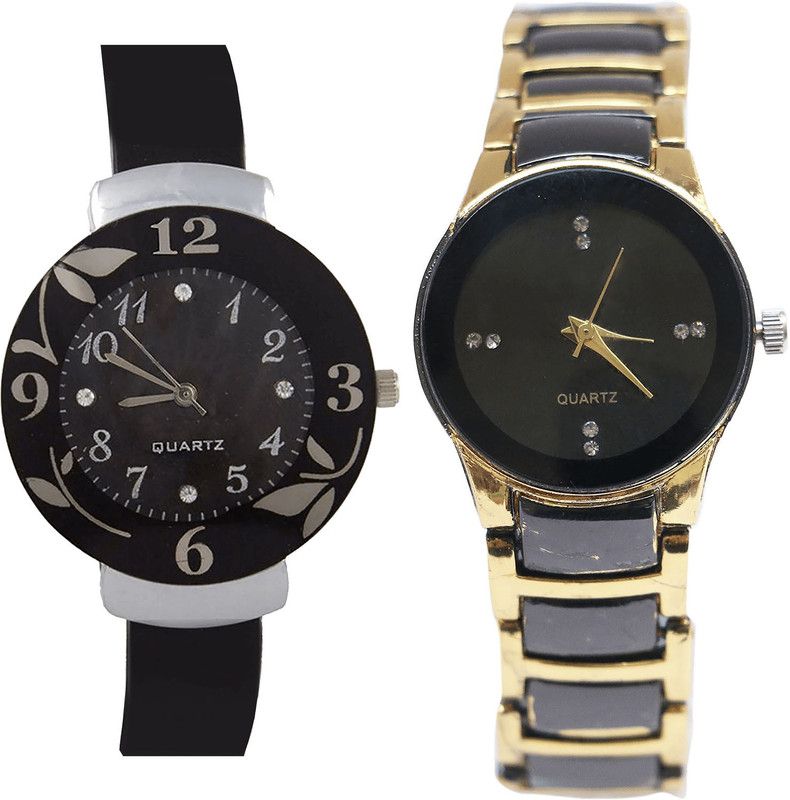 combo watch Analog Watch - For Girls Latest Royal Flower Analogue Black And Gold Color Girls And Women Watch - G24-G208 (Combo Of 2 )