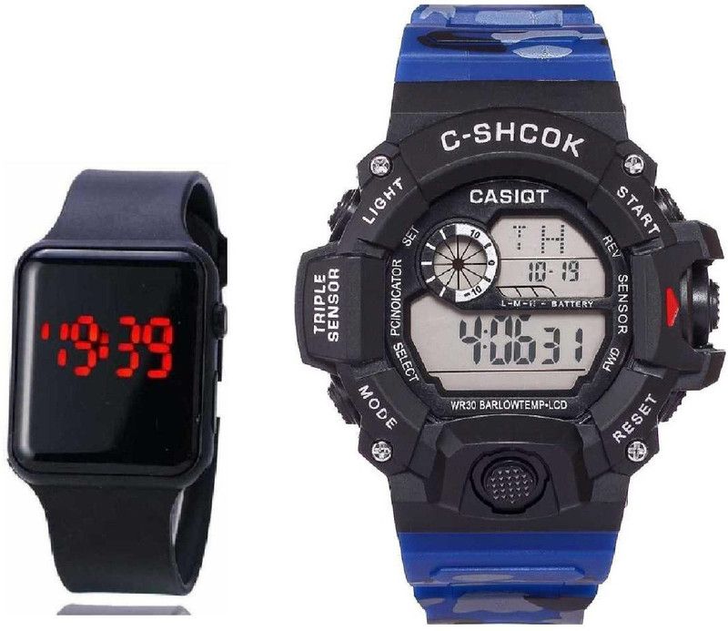 digital Digital Watch - For Boys Digital Stylish Sports Militray Kids Watches Desinger Army Blue Black Luxury Shade 7 Dial Lights Alarm Stopwatch Day Date Month Military Pattern Look 30M Water Resistant Digital Watch - For Boys