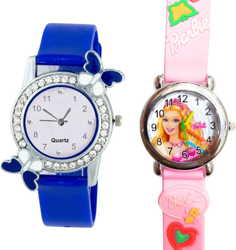 combo watch Analog Watch - For Girls Contemporary Fancy Butterfly And Barbie Doll Analogue Blue And Pink Color Girls And Women Watch - G98-G7 (Combo Of 2 )