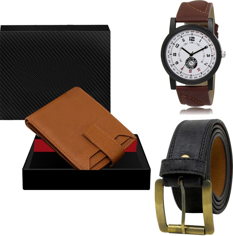 Combo Of Artificial Leather Belt-Wallet & Analog Watch - For Men LR11-WL10-BL01
