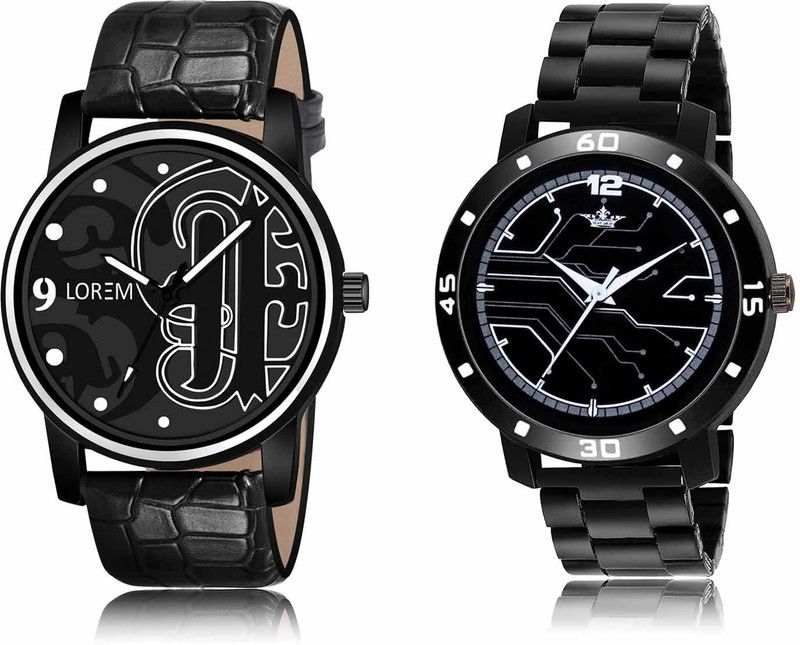 Set Of 2 Casual Round Synthetic Leather & Metal Analog Watch - For Men OB-LR70-LR113