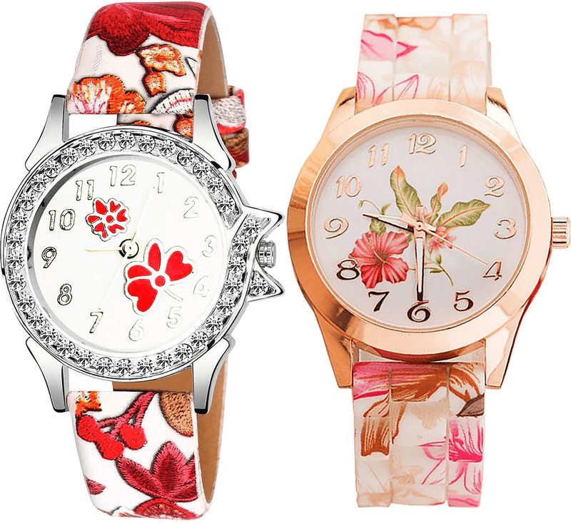 combo watch Analog Watch - For Girls Treading Branded Flower Dimond And Flower Analogue Red And White Color Girls And Women Watch - G409-G305 (Combo of 2 )