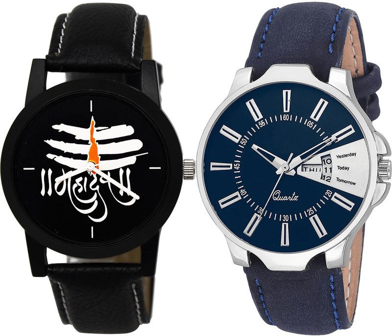 combo watch Analog Watch - For Men Brand New High Quality Mahadev And Day And Date Analogue Black And Blue Color Boys And Men Watch - B114-BL46.23 (Combo Of 2 )
