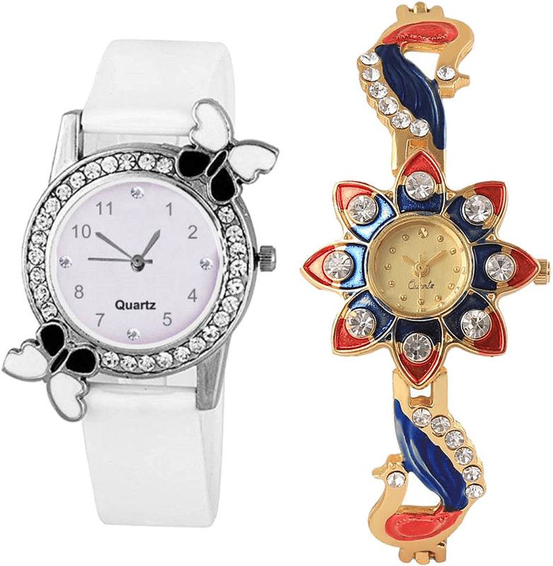 combo watch Analog Watch - For Women Latest Heart Butterfly And Peacock Analogue White And Gold Color Girls And Women Watch - G102-G118 (Combo Of 2 )