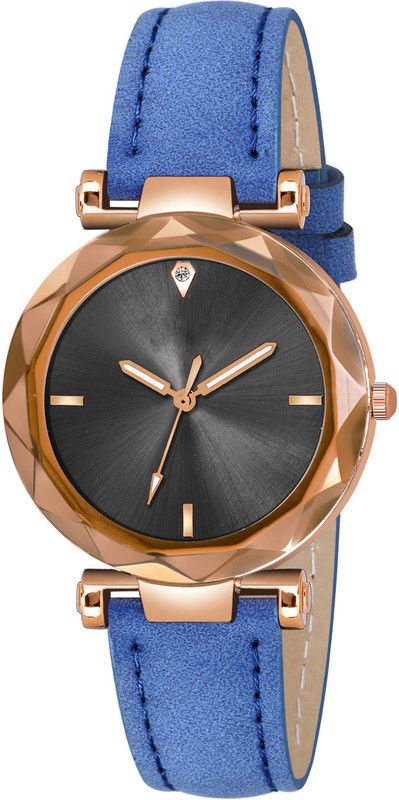 Analog Watch - For Girls Black Dial Blue Leather Strap