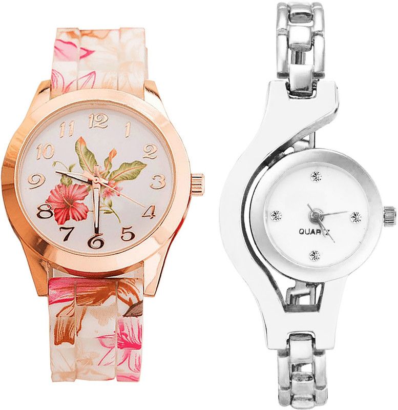 combo watch Analog Watch - For Girls Classical Rich Flower And Chain Analogue White And Silver Color Girls And Women Watch - G305-G70 (Combo of 2 )