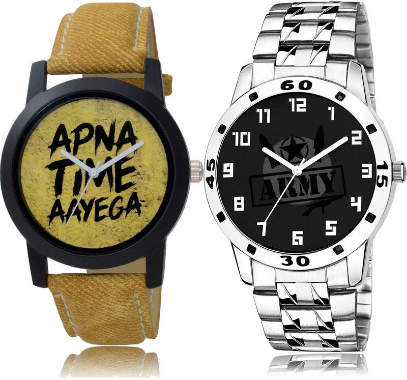 combo watch Analog Watch - For Boys Modish Traditional Apna Time Aayega And Chain Watch Brown And Silver Color Men Watch - B383-B992 (Combo Of 2 )