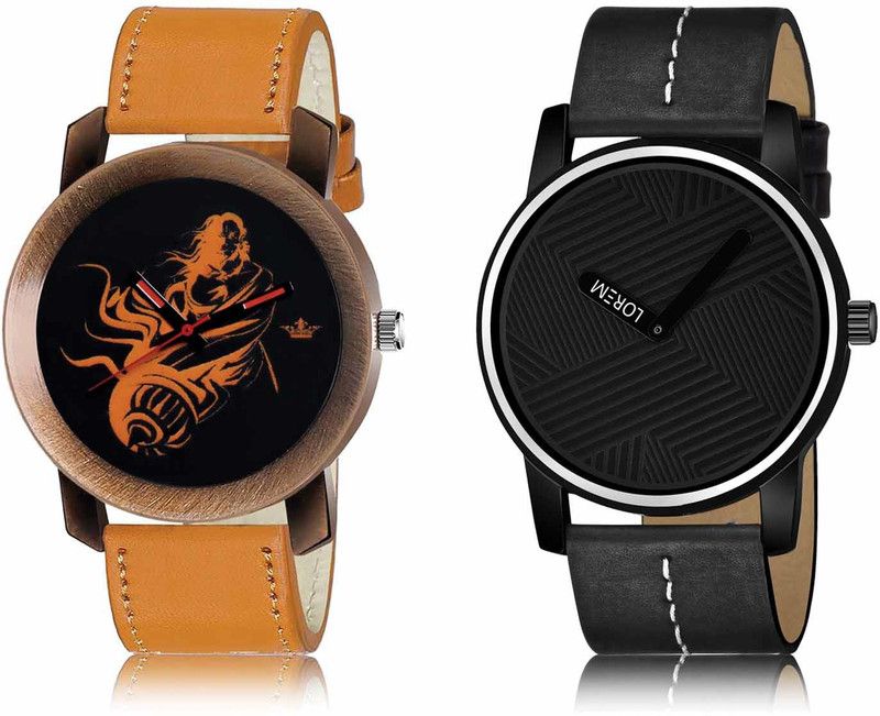 Set Of 2 Casual Round Synthetic Leather Analog Watch - For Men OB-LR64-LR67