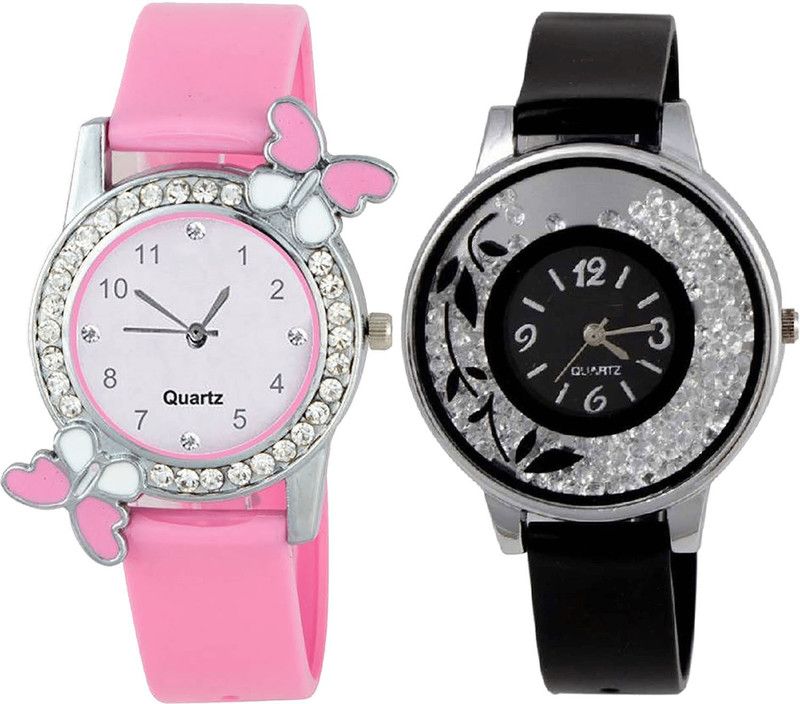 combo watch Analog Watch - For Girls Contemporary High Quality Butterfly And Flower Analogue Pink And Black Color Girls And Women Watch - G99-G86 (Combo Of 2 )
