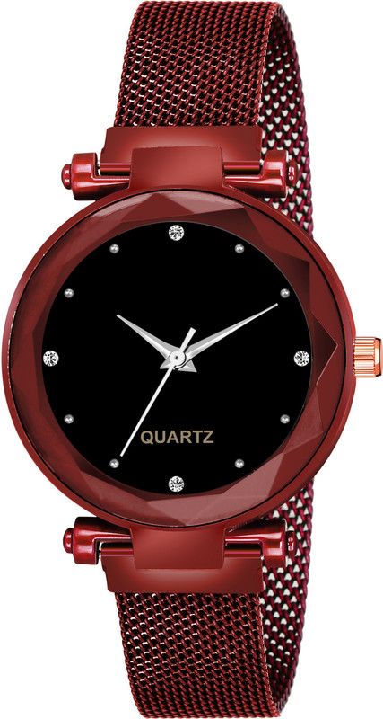 Analog Watch - For Girls New Fashion 4 Diamouns Black Color Dial & Red Maganet Strap For Girl & Women