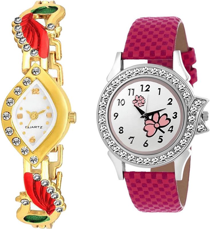 combo watch Analog Watch - For Girls Contemporary Casual Peacock And Flower Analogue Gold And Pink Color Girls And Women Watch - G116-G128 (Combo Of 2 )