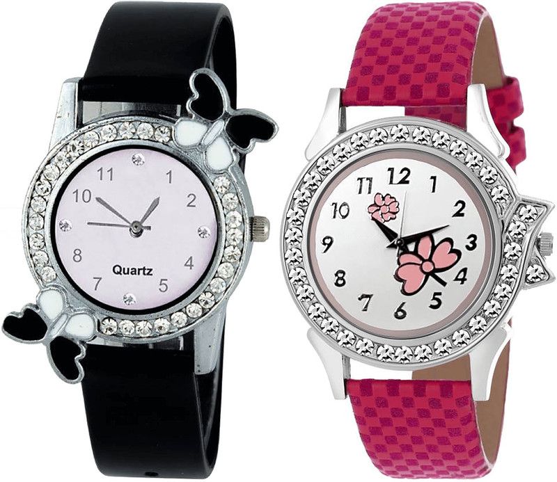 combo watch Analog Watch - For Girls Latest Fancy Butterfly And Flower Analogue Black And Pink Color Girls And Women Watch - G97-G128 (Combo Of 2 )