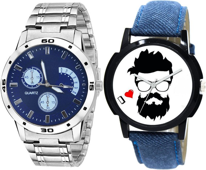combo watch Analog Watch - For Girls Classical Fashionable Beard Style Analogue Silver And Blue Color Boys And Men Watch - B84-B12 (Combo Of 2 )