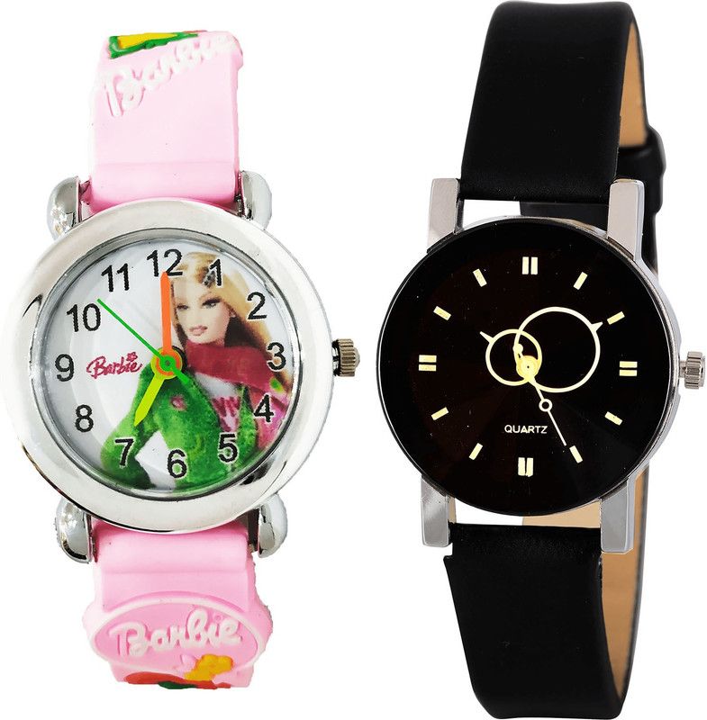 combo watch Analog Watch - For Girls New Professional Barbie Doll And Geometric Design Analogue Pink And Black Color Girls And Women Watch - G324-G386 (Combo of 2 )