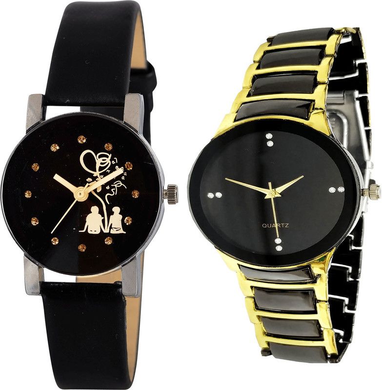 combo watch Analog Watch - For Girls Modern Formal Love Valentine Couple Analogue Black And Gold Color Girls And Women Watch - G389-G208 (Combo of 2 )