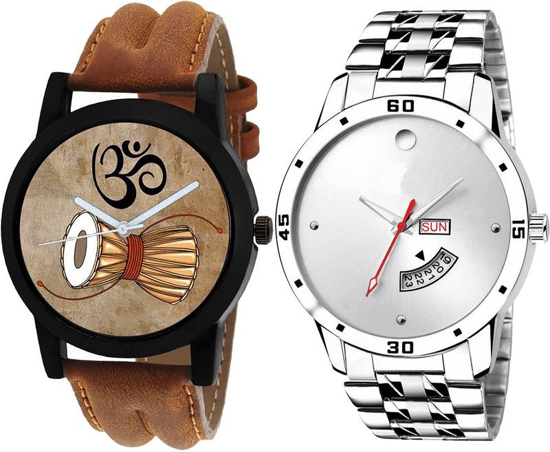 combo watch Analog Watch - For Girls Modern Unique Damru And Day And Date Analogue Brown And Silver Color Boys And Men Watch - B25-BL46.103 (Combo Of 2 )