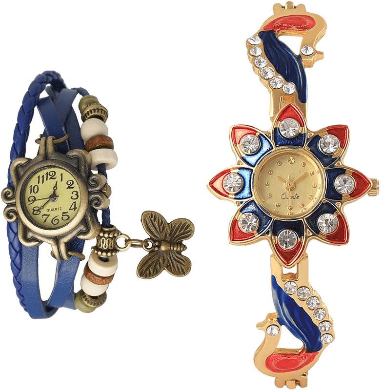 combo watch Analog Watch - For Girls Treading Wrist Butterfly And Peacock Analogue Blue And Gold Color Girls And Women Watch - G59-G118 (Combo Of 2 )