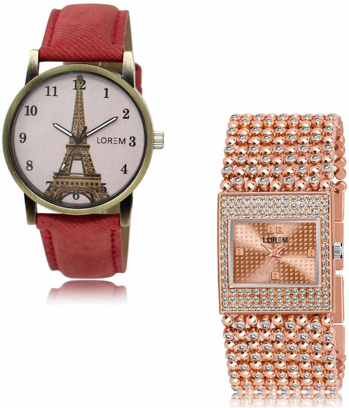 Analog Watch - For Women LR230-LR287 Pink-Rose Gold Eiffel Tower-Square Braclet Combo of 2