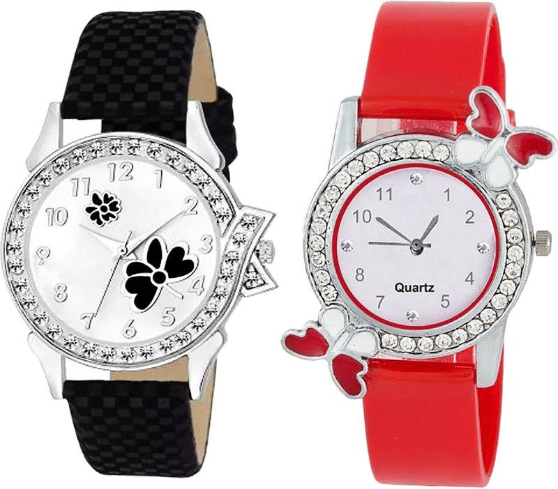 combo watch Analog Watch - For Girls Contemporary Branded Flower And Butterfly Analogue Black And Red Color Girls And Women Watch - G126-G101 (Combo Of 2 )