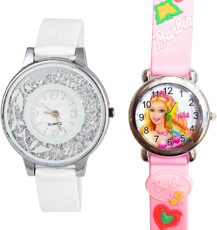 combo watch Analog Watch - For Girls New Model Flower And Barbie Doll Analogue White And Pink Color Girls And Women Watch - G90-G7 (Combo Of 2 )