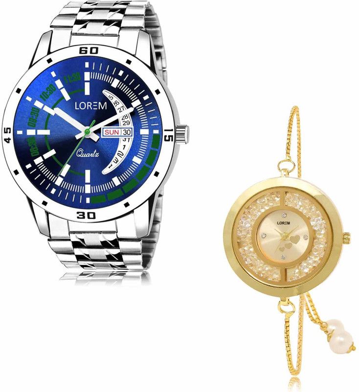 Analog Watch - For Men & Women LR Women LR110-LR254 Blue-Gold Day Date-Round Braclet Combo of 2