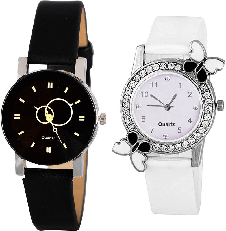combo watch Analog Watch - For Girls Contemporary Branded Geometric Design And Butterfly Analogue Black And White Color Girls And Women Watch - G386-G102 (Combo of 2 )