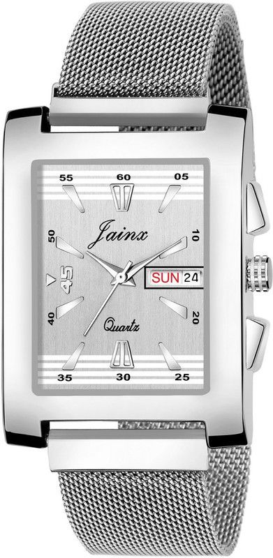Square Silver Magnet Mesh Chain Day and Date Functioning Analog Watch - For Men JM360