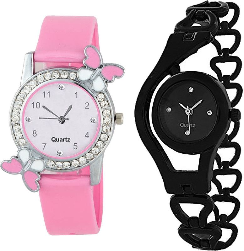 combo watch Analog Watch - For Girls Contemporary Rich Butterfly And Chain Analogue Pink And Black Color Girls And Women Watch - G99-G68 (Combo Of 2 )