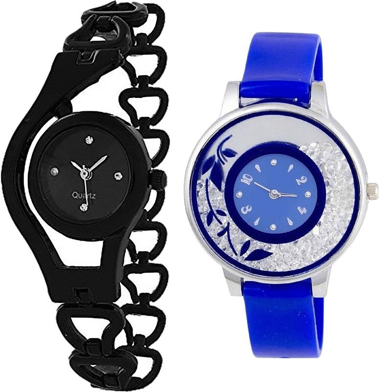 combo watch Analog Watch - For Girls Brand New Stylish Chain And Flower Analogue Black And Blue Color Girls And Women Watch - G68-G87 (Combo Of 2 )