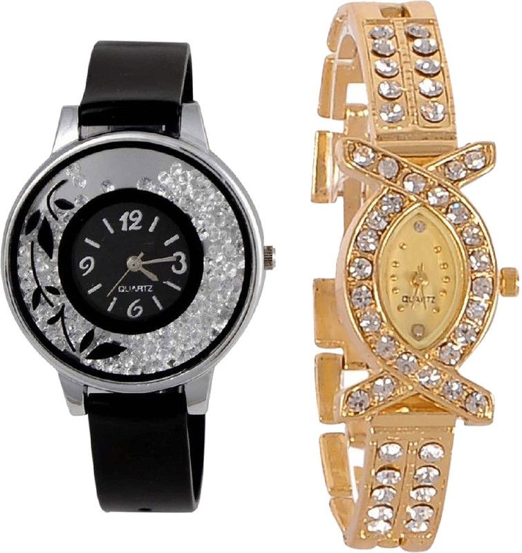 combo watch Analog Watch - For Girls Latest Quartz Flower Analogue Black And Gold Color Girls And Women Watch - G86-G125 (Combo Of 2 )