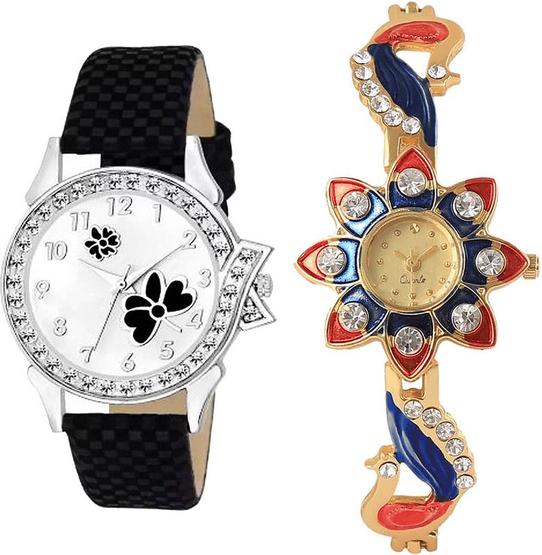 combo watch Analog Watch - For Girls Contemporary Analogue Flower And Peacock Analogue Black And Gold Color Girls And Women Watch - G126-G118 (Combo Of 2 )
