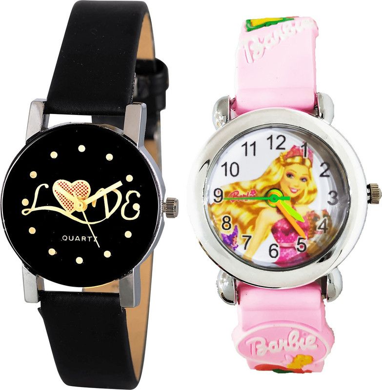 combo watch Analog Watch - For Girls Classical Present Love Valentine And Barbie Doll Analogue Black And Pink Color Girls And Women Watch - G390-G321 (Combo of 2 )