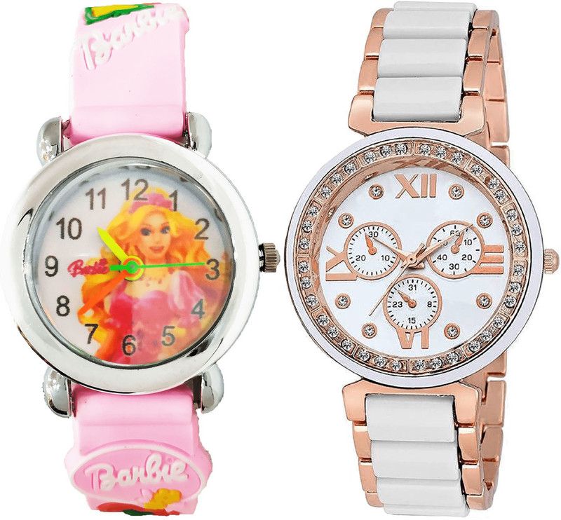 combo watch Analog Watch - For Girls Classical High Quality Barbie Doll Analogue Pink And White Color Girls And Women Watch - G320-G210 (Combo of 2 )